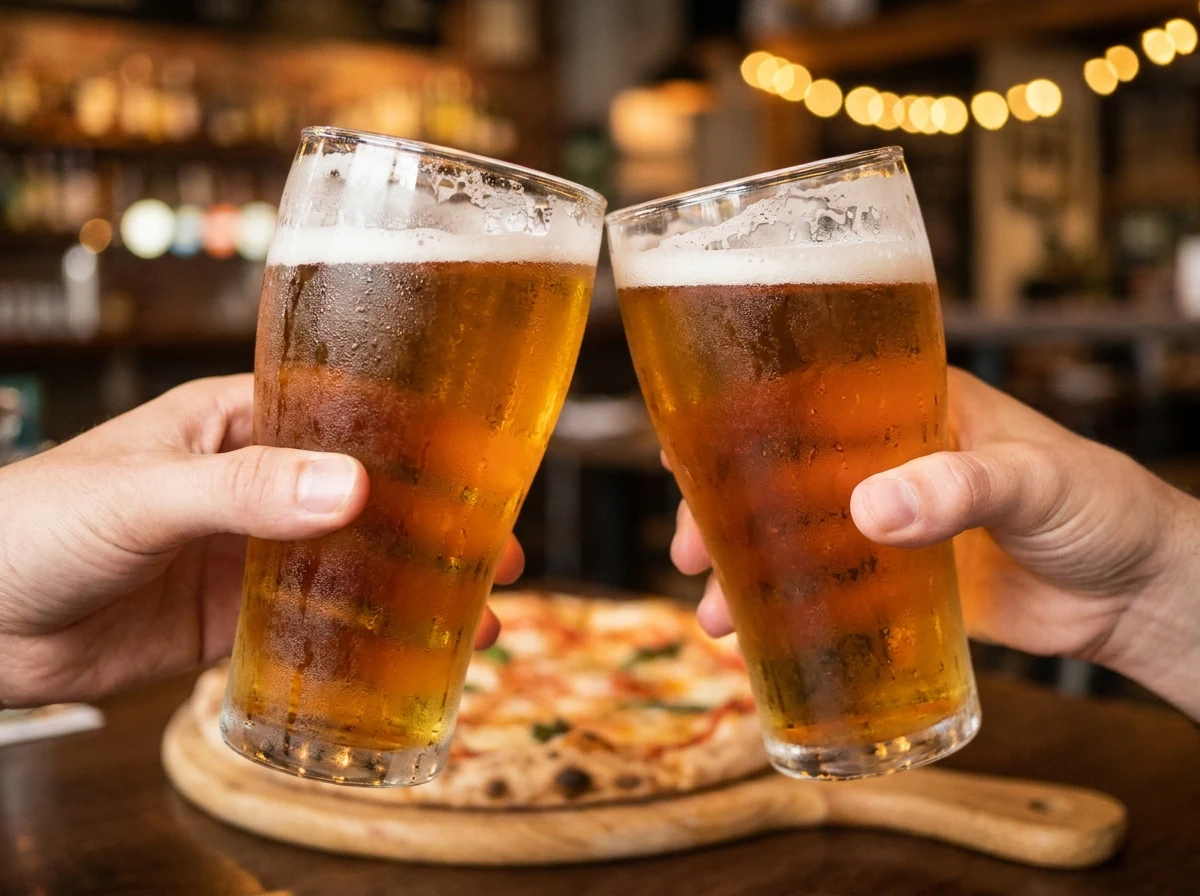 Dois copos de cerveja gelada brindando, com uma pizza desfocada ao fundo, clima de happy hour
