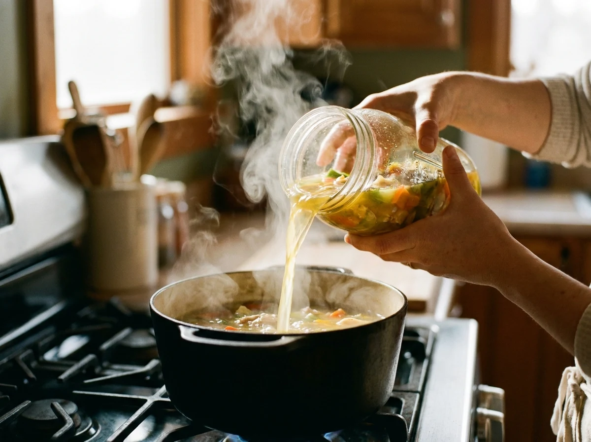 Pote de vidro de caldo sendo despejado numa panela no fogão, caldo escorrendo, vapor subindo