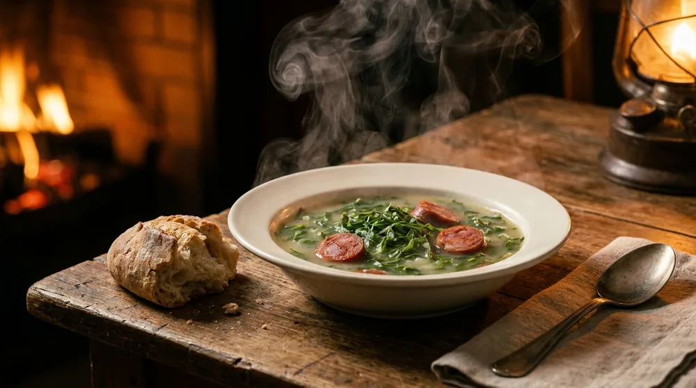 Tigela de caldo verde fumegante com pão rústico ao lado, noite fria