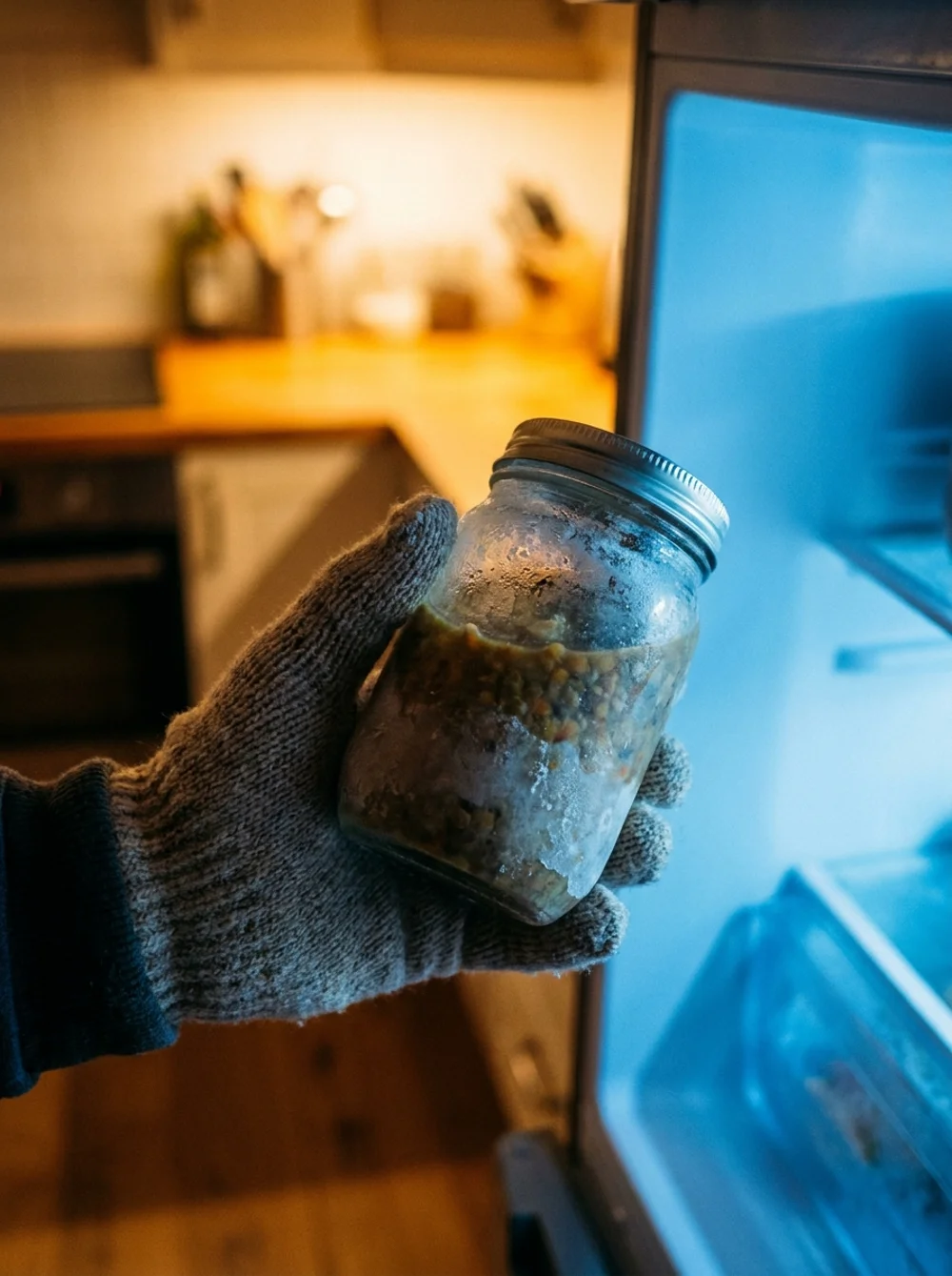 Mão retirando um pote de vidro de canja congelada de dentro do freezer, luz fria contrastando com a cozinha ao fundo