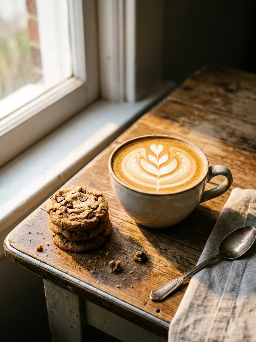 Cappuccino com desenho em espuma de leite ao lado de uma pilha de cookies