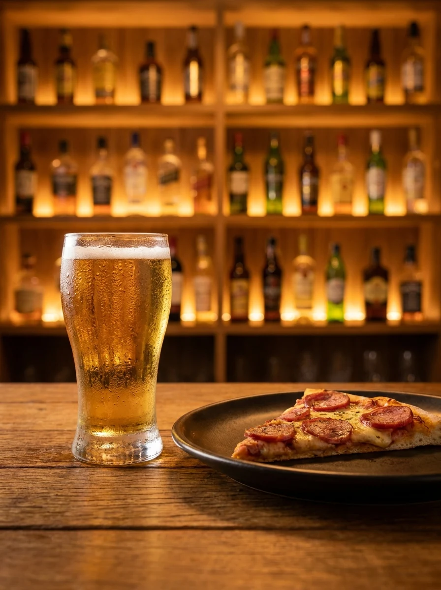 Copo de cerveja gelada com condensação ao lado de fatia de pizza de calabresa, mesa de madeira, luz âmbar de bar à noite