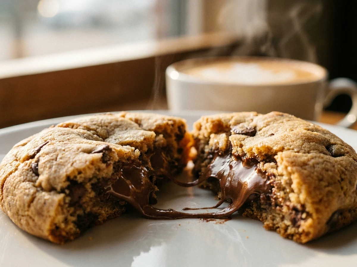 Cookie partido ao meio mostrando o centro de chocolate derretido, xícara de cappuccino desfocada ao fundo
