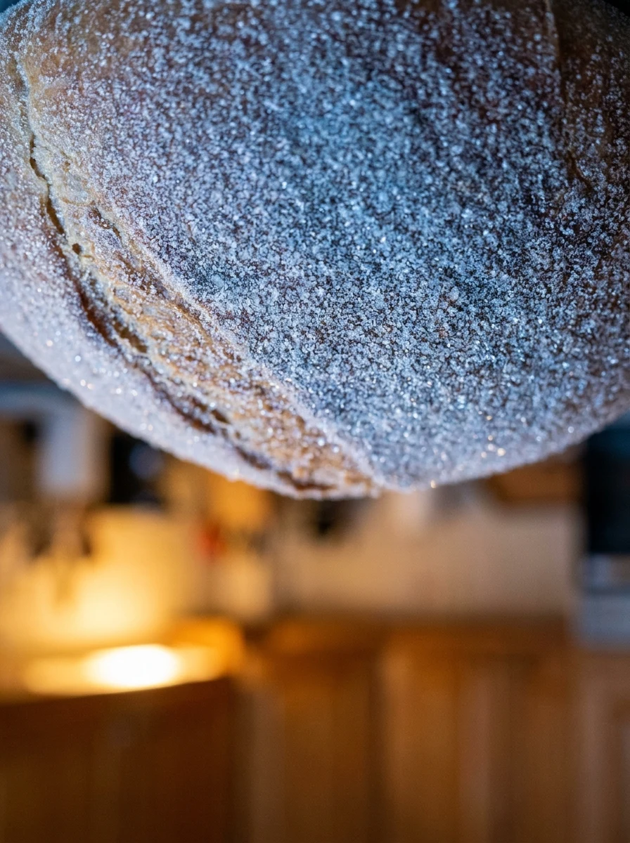 Macro de cristais de gelo minúsculos e brilhantes sobre a casca de um pão