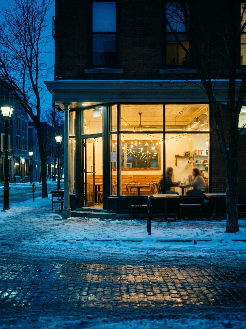 Fachada de uma pizzaria com luz quente saindo das janelas numa noite fria de domingo