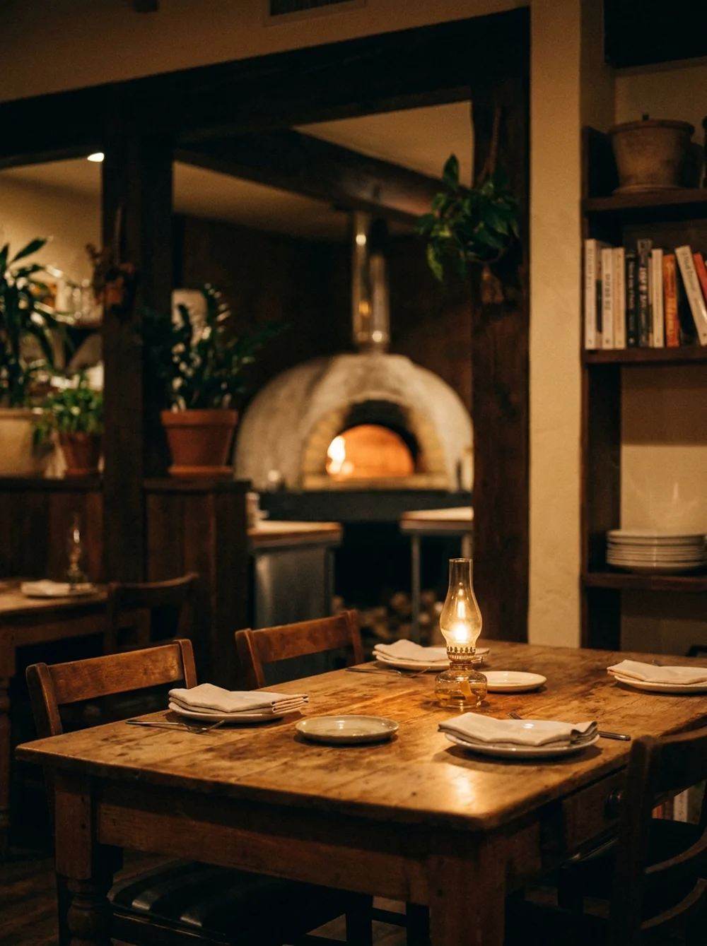 Salão de restaurante à noite com mesa posta e o forno aceso ao fundo, luz âmbar