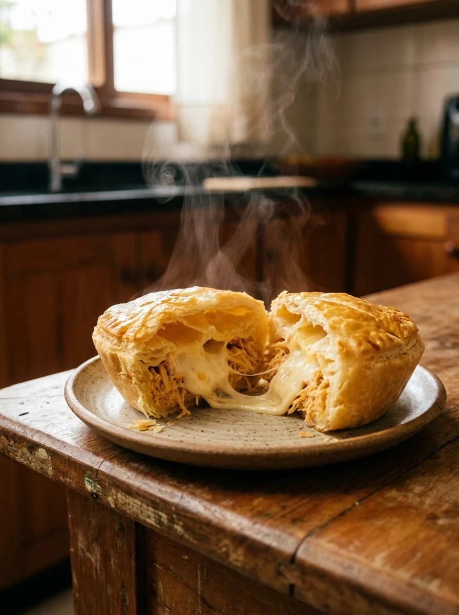 Empada de frango com catupiry partida ao meio, recheio cremoso escorrendo