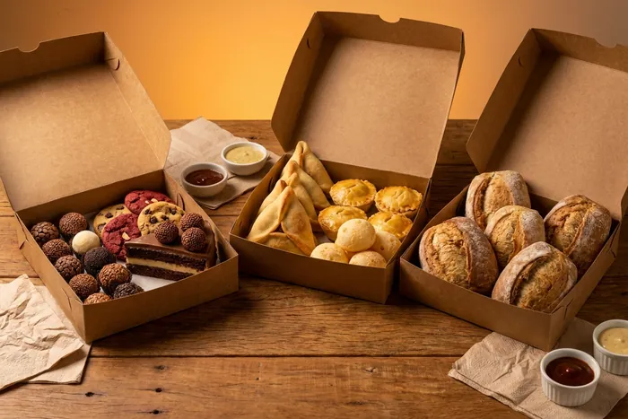 Caixas kraft com doces, salgados e pães da Sabrosa pra encomenda