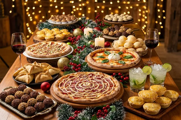 Mesa de festa com pizza, salgados e drinks da Sabrosa