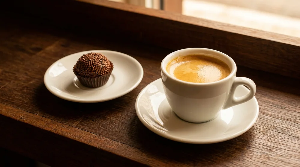 Xícara de espresso com crema dourada ao lado de um brigadeiro no pratinho, sobre balcão de madeira