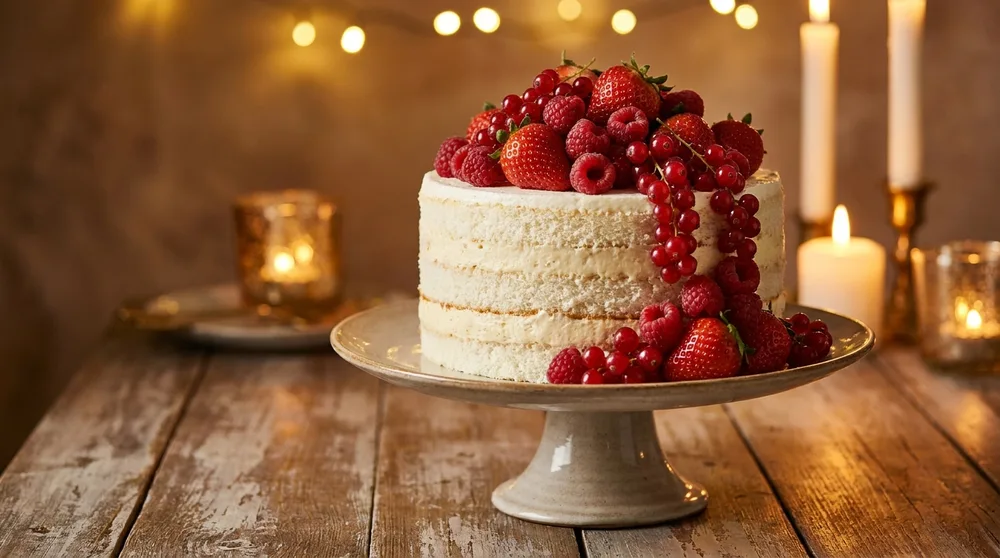 Naked cake com frutas vermelhas frescas, a estreia da confeitaria da Fernanda numa festa de aniversário
