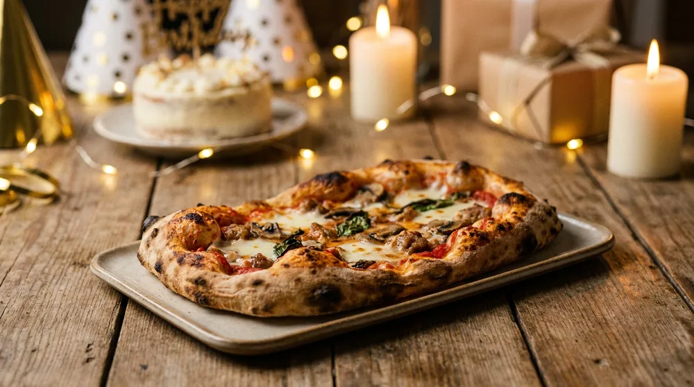 Fatia de pizza retangular servida em pratinho pequeno, parte do rodízio da festa de aniversário