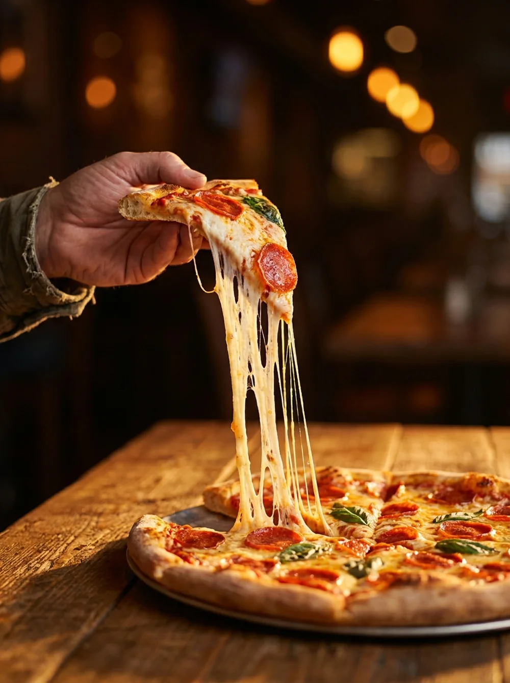 Fatia de pizza sendo erguida com um longo fio de queijo esticando até a pizza abaixo