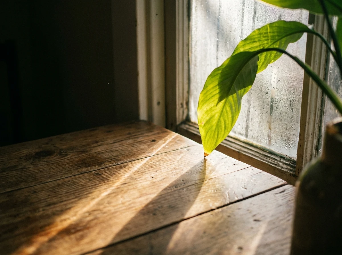 Luz da manhã atravessando uma folha de planta perto da janela, madeira da mesa iluminada em faixas