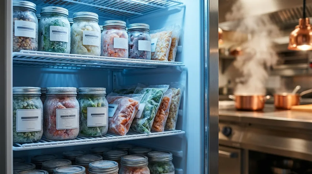 Potes congelados organizados num freezer, cozinha da casa desfocada ao fundo