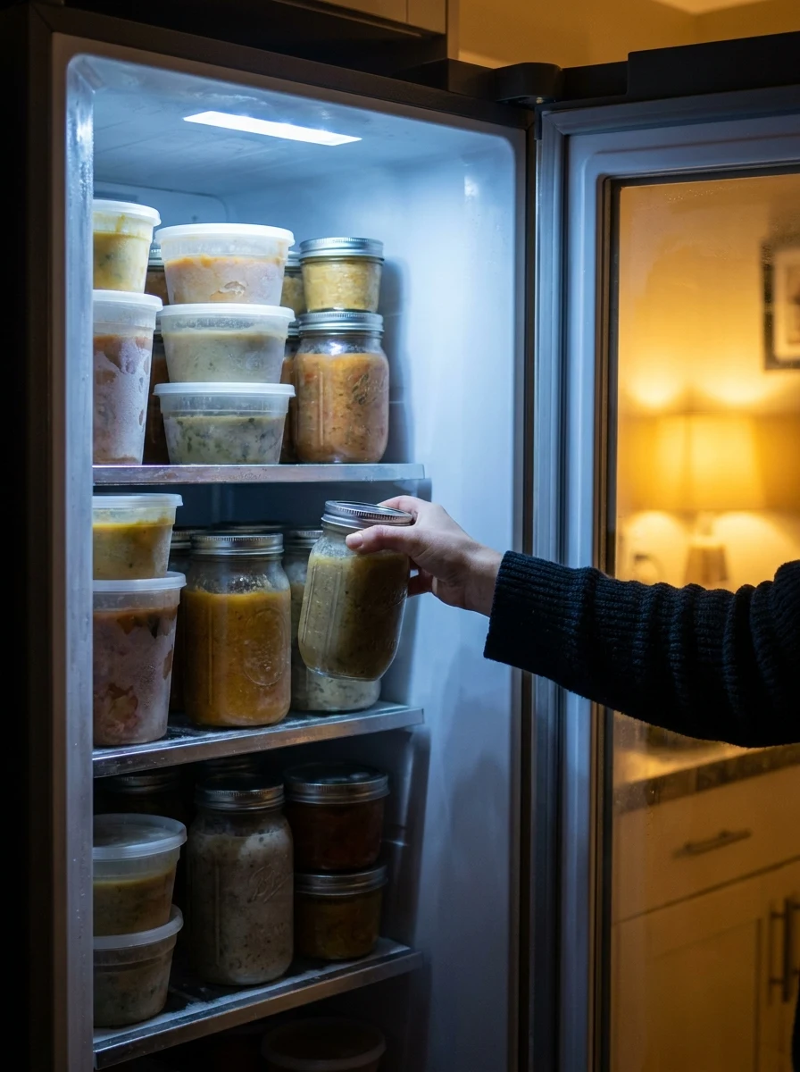 Porta de freezer doméstico aberta à noite com potes organizados, mão escolhendo um, luz fria do freezer contra cozinha quente ao fundo