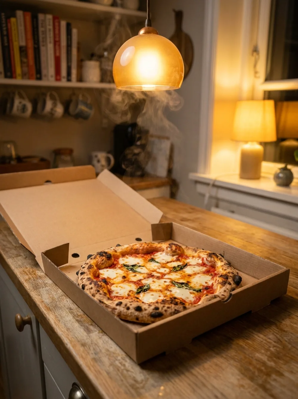 Caixa de delivery aberta numa bancada de cozinha em casa, pizza rústica pronta lá dentro