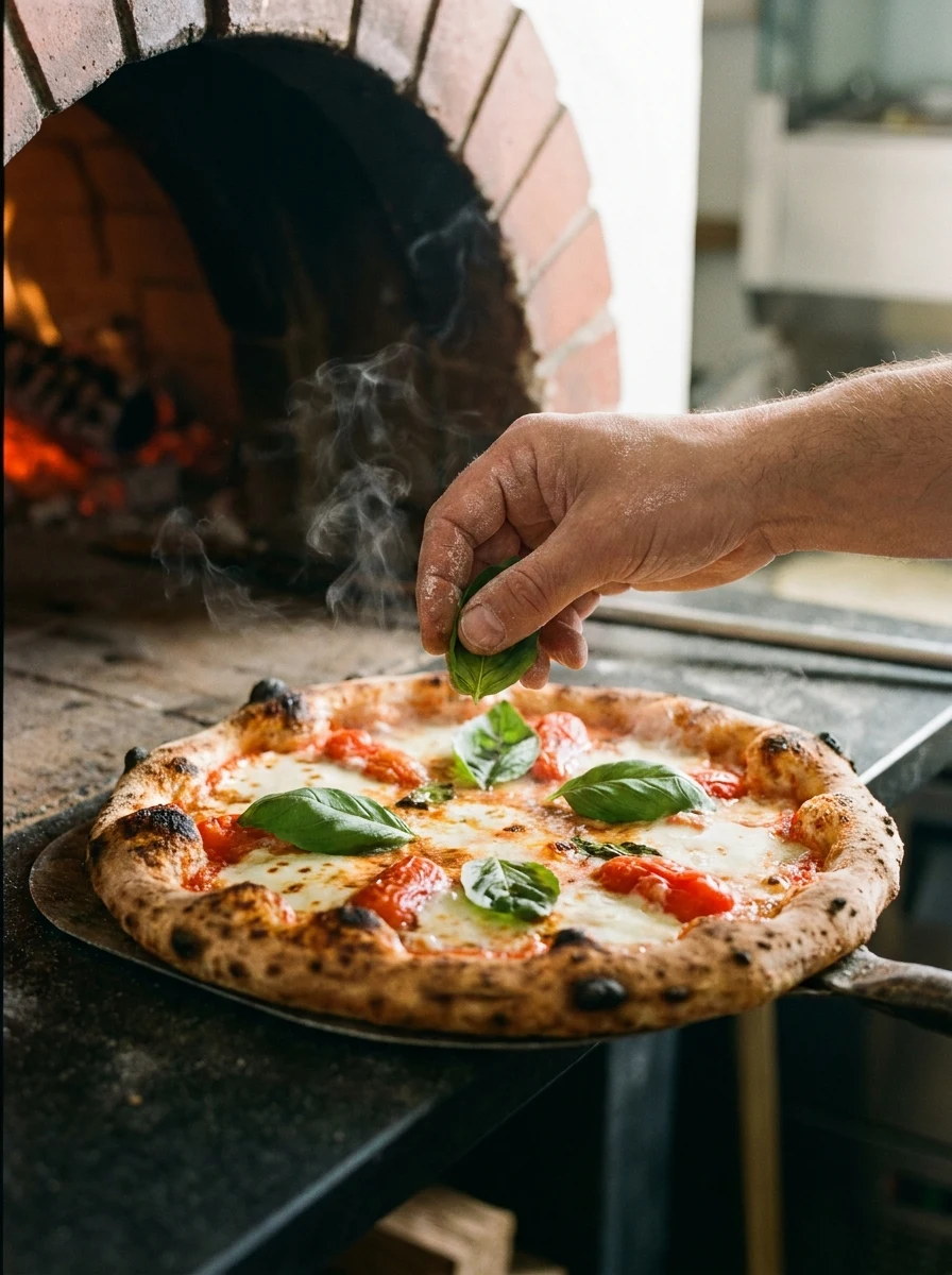 Mão colocando folhas de manjericão fresco sobre pizza recém-saída do forno