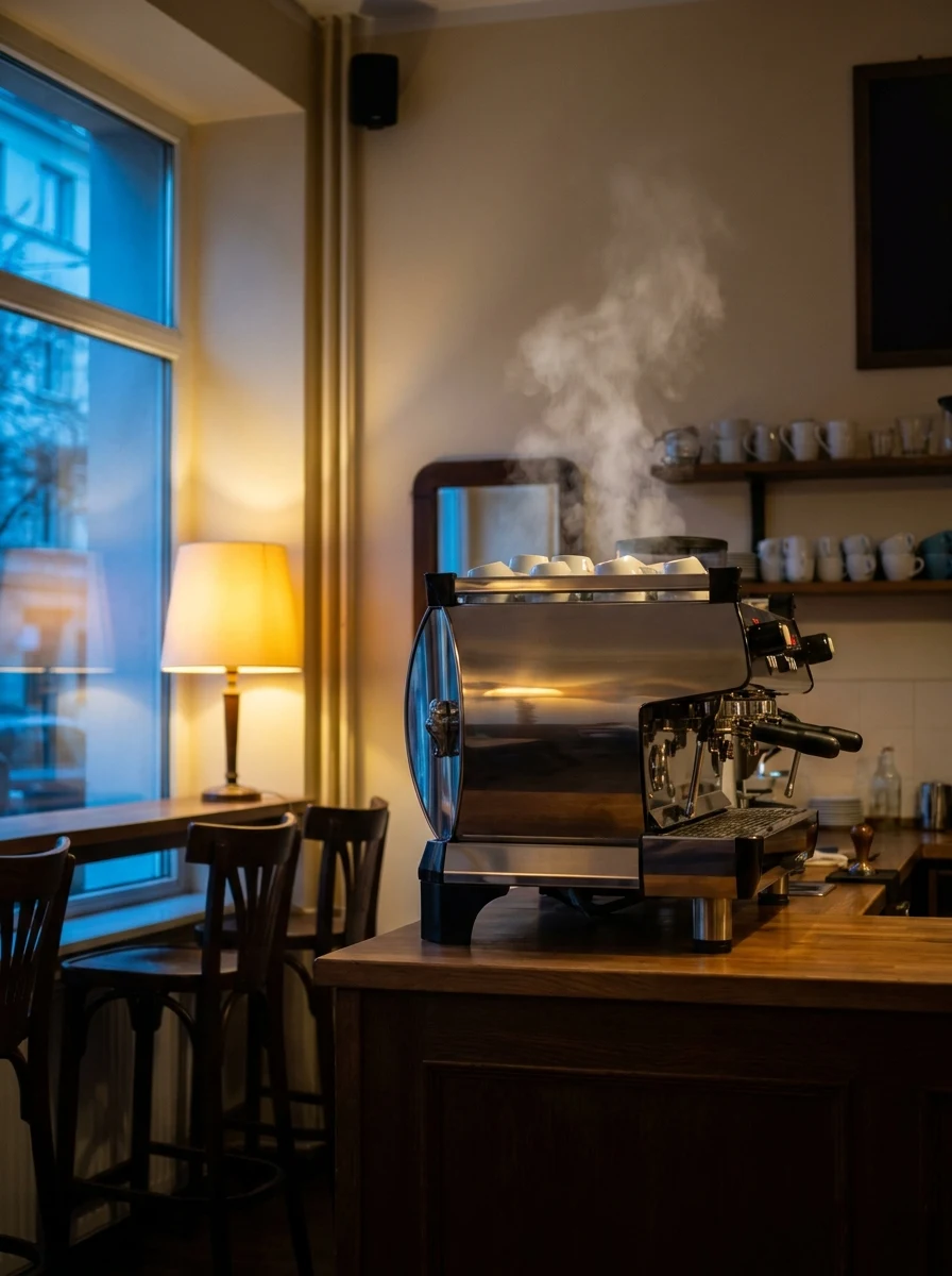 Máquina de espresso profissional aquecendo dentro de um café vazio pela manhã