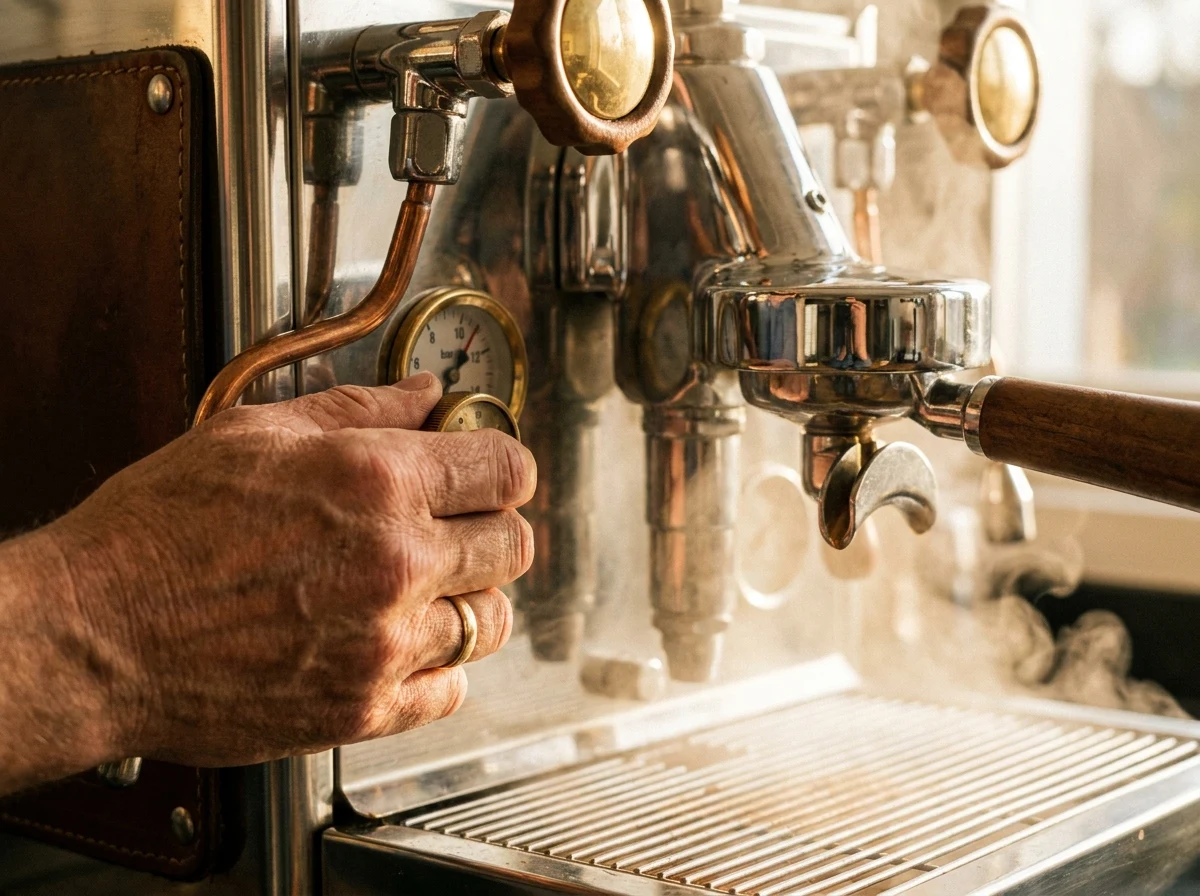 Mão ajustando o manômetro de pressão de uma máquina de espresso profissional, vapor visível ao fundo