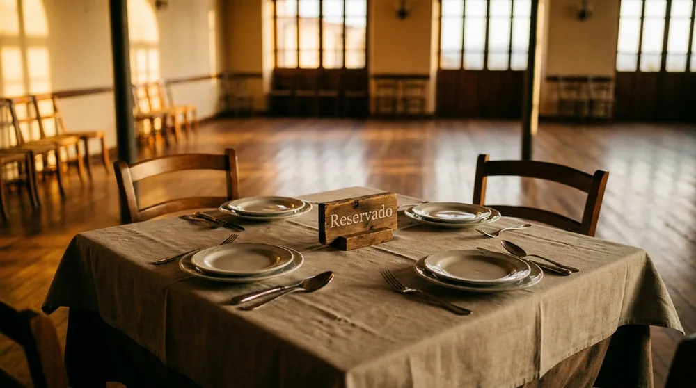 Mesa posta com placa de reservado, salão vazio de fim de tarde antes da abertura