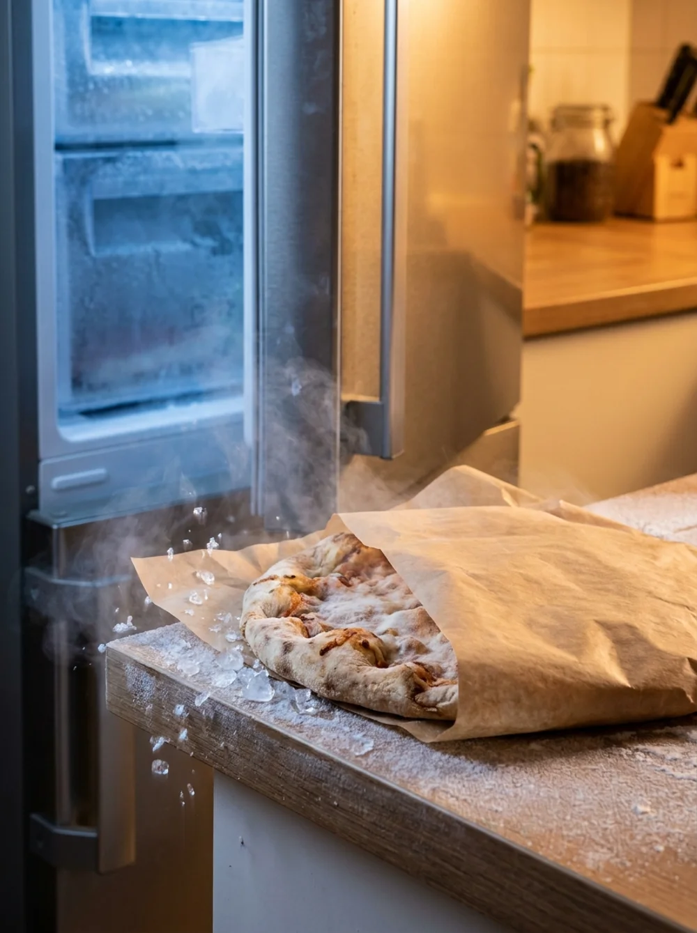 Pizza congelada da Sabrosa embalada, descansando ao lado do freezer aberto
