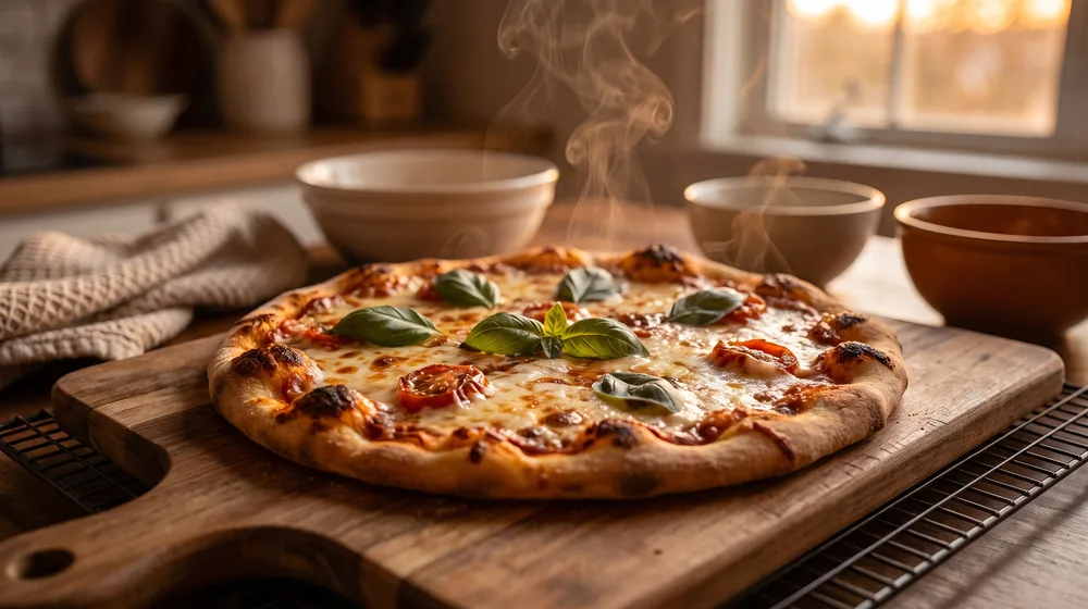 Pizza saindo do forno de casa, queijo borbulhando e vapor subindo