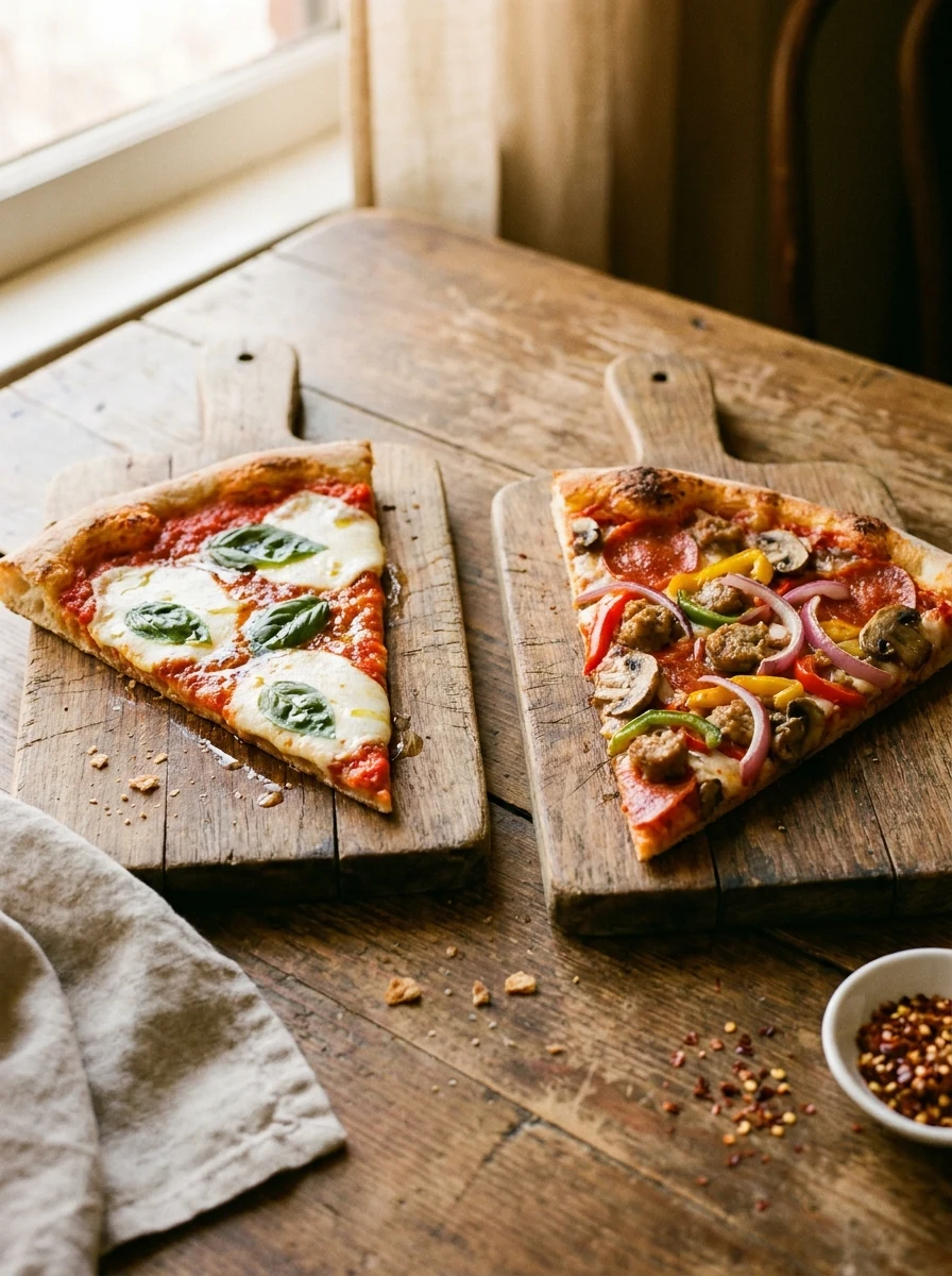 Duas fatias de pizza lado a lado sobre tábuas de madeira, uma clássica e uma especial