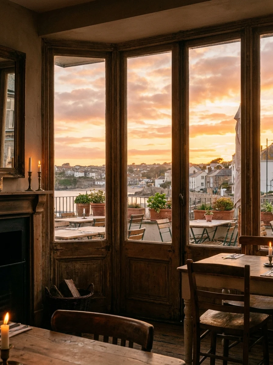Vista de dentro de um restaurante através de janelas grandes pra um pôr do sol dourado