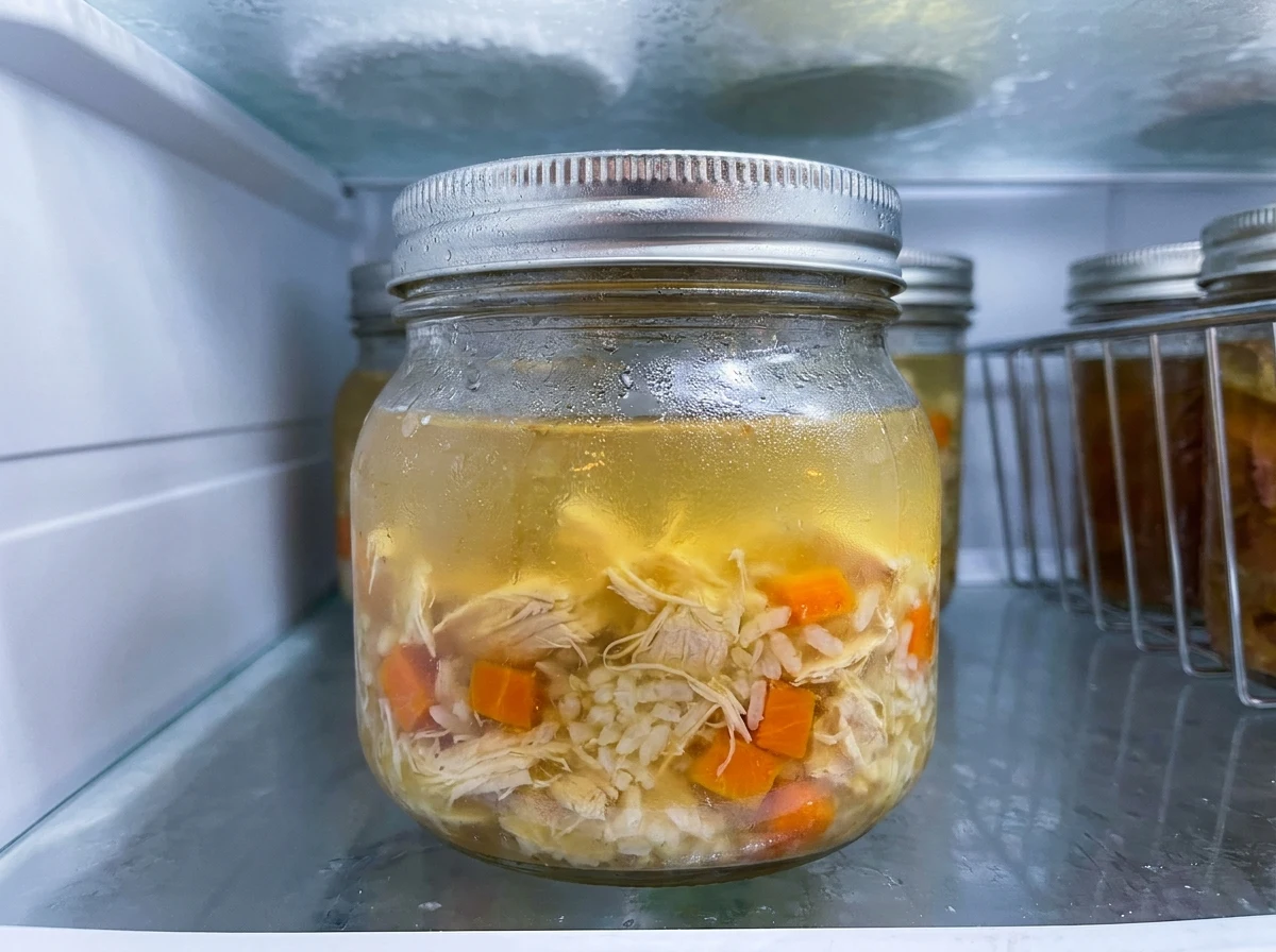 Pote de vidro com caldo descongelando numa prateleira de geladeira, gotículas de condensação na tampa