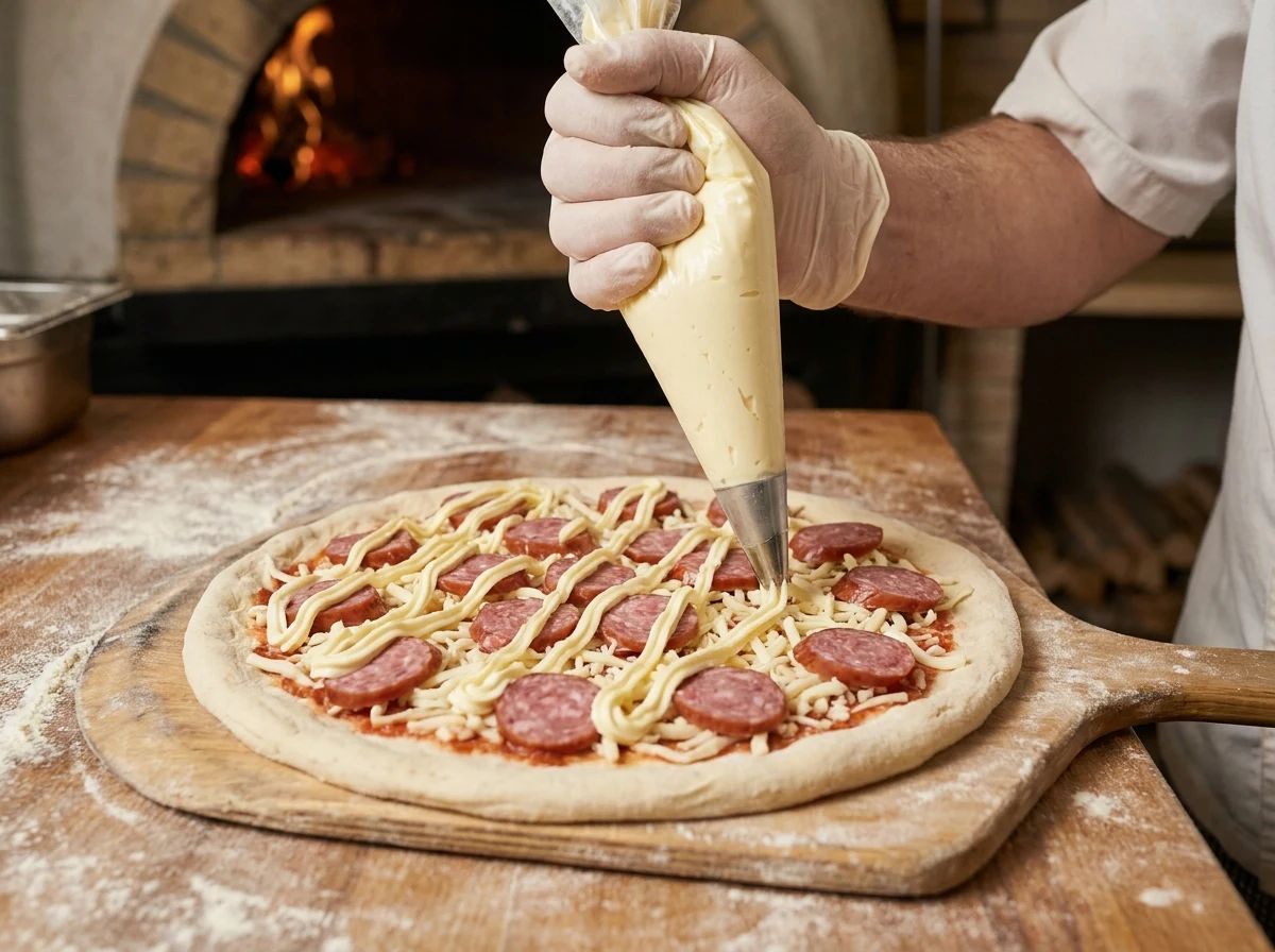 Mão com luva usando saco de confeitar para desenhar um risco de catupiry sobre pizza crua de calabresa, forno a lenha aceso ao fundo
