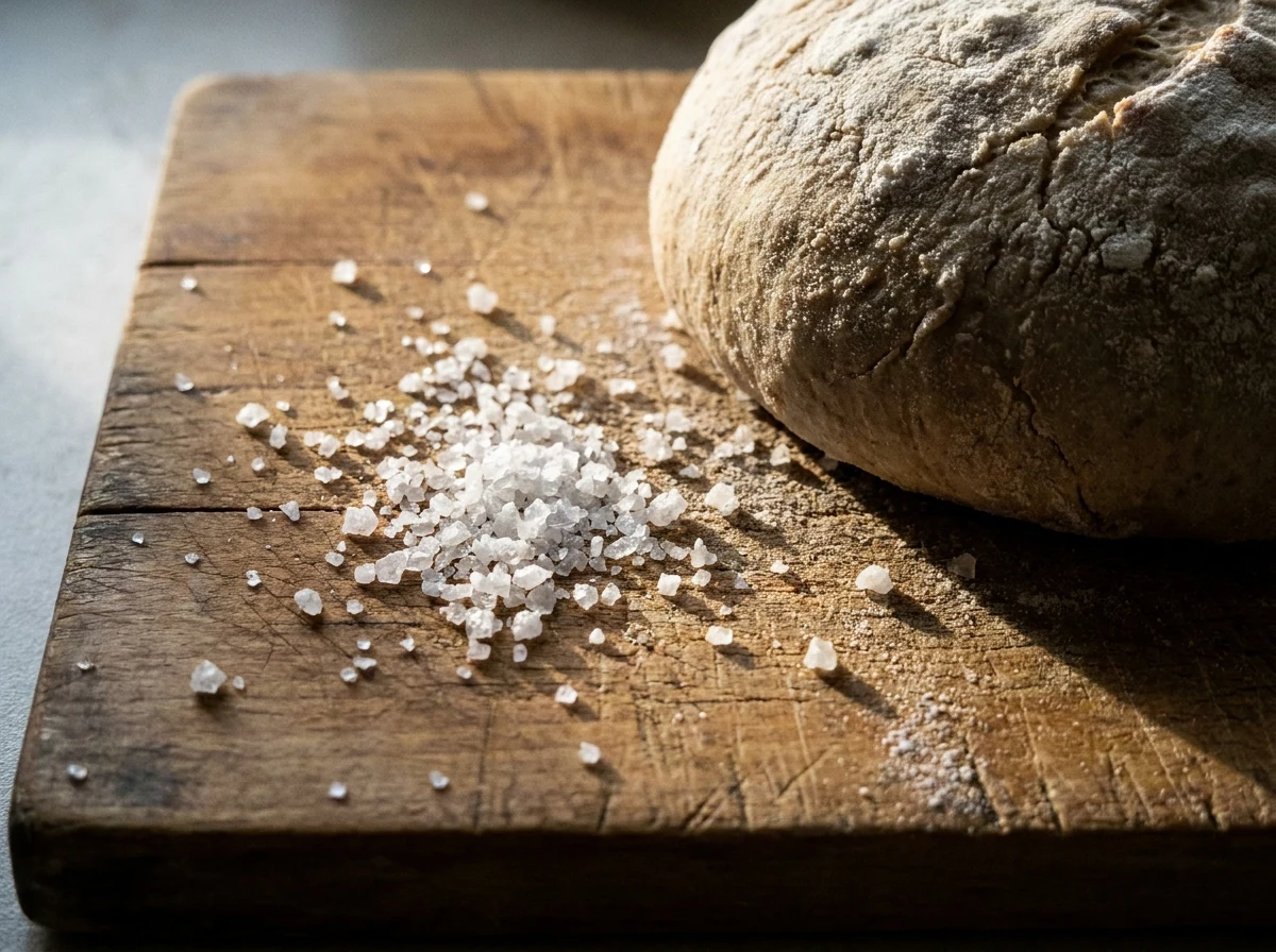 Grãos de sal grosso espalhados sobre uma tábua de madeira ao lado de uma bola de massa de pão