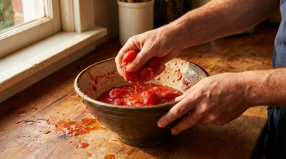 Mãos esmagando tomates pelados numa tigela de cerâmica, respingos de molho na borda