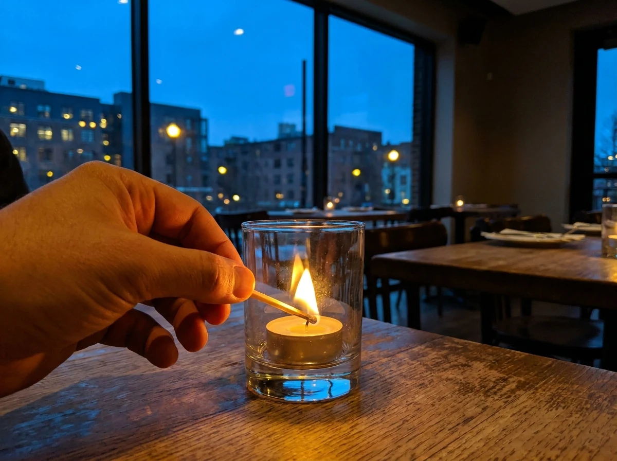 Mão acendendo uma vela numa mesa de restaurante enquanto o céu escurece do lado de fora da janela