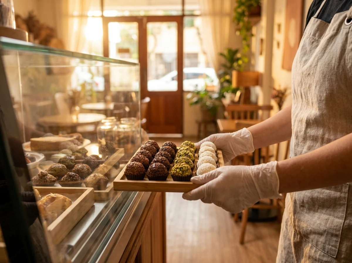 Mãos com luva posicionando uma bandeja de brigadeiros numa vitrine de vidro, luz de manhã entrando pela porta ao fundo