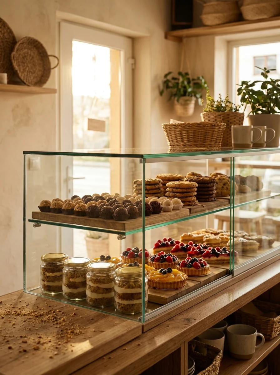 Vitrine de vidro com brigadeiros, cookies, tarteletes e potes de bolo montada numa cafeteria, luz quente de manhã entrando pela porta